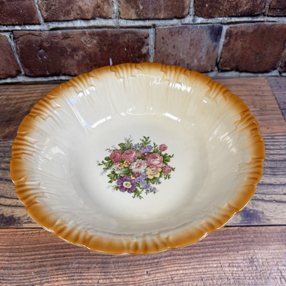 Vtg Homer Laughlin Serving Bowl Rib Floral Burnt Orange Rim 9"‎ A47N8 USA MCM